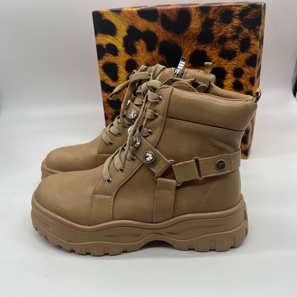 Lemonade Women Combat Boot Size 8M Rhinestone Strap Lace Up Textured Sole - Picture 2 of 14